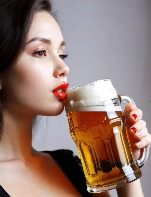 Prompt: <mymodel> a beer mug, detail beer mug, girl with red lips drinking beer,  light from the left, detail girl