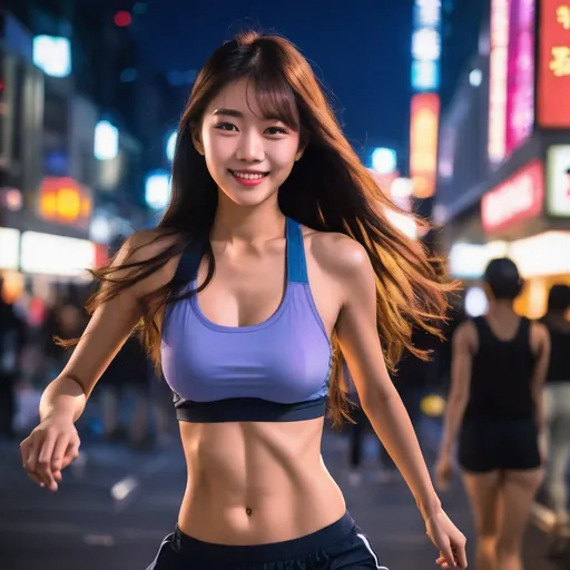 Prompt: A image of one pretty female Asia movie cast in love of feeling love. (perfect face:1.10).  show abs,  In the night.  walking, outside ginza nightclub, Long flowing hair.   Sunshine smile.  20-years-old, Feeling love.  Not lonely.   (trendy running Sports wear).  (Vulnerable) (legs open)