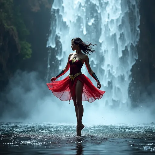 Prompt: (photorealistic) Batman universe, wonder woman ballet dancing gracefully in the midst of a stunning waterfall, long exposure capturing her movement, (perfect studio lighting), (impeccable contrast), HDR, UHD, high res, 64k resolution, ethereal ambiance, cinematic lighting showcasing water droplets, shimmering reflections, magical atmosphere, incorporating special effects for a dramatic flair, (dynamic composition) highlighting the elegance and power of the scene.