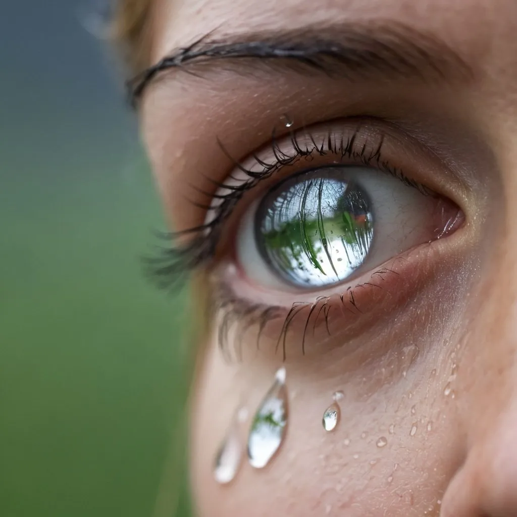 Prompt: Macro photo of one rain drop.  A girl is reflected as a shadow in the raindrop.  Behind windiws