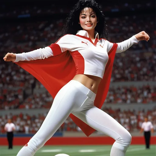 Prompt: Puma company advertising poster.  
american foorball,  stadium, michael jackson concert,
(full body portrait), beautiful heavenly cute female figure, (chinese descent), pilate, slit eye, hint of smile, showing defined abs, lithe strong body,  striking rimmed google,  (sports red and white layered shirts), bold use of color (black, red, blue, white), high-contrast composition,(ultra-detailed), stylish and modern vibe, striking visual contrasts, (high quality, 4K).