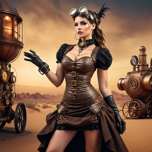 Prompt: photorealistic, (steampunk art), woman in asteampunk con dress, (argumentized hands), abs, (desert background),  dynamic poses,  warm and cool color contrasts, ultra-detailed, sleek design, atmospheric and immersive setting, night scene with a sense of adventure and intrigue.