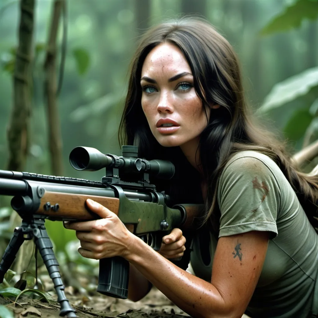 Prompt: 1970.
vietnam jungle,
megan fox is an american female sniper.
intensive glare. long sniper rifle.
dirty torn small t-shirt show abs.