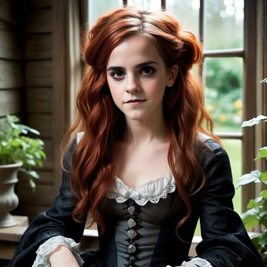 Prompt: (Emma Watson character)
young stunningly gorgeous rag queen witch, deep gray eyes, deep look, very long red hair, light contrast, baroque intricate portrait, young drag queen witch sitting in her garden house. Rosy cheek, Bright sunny slight smile.