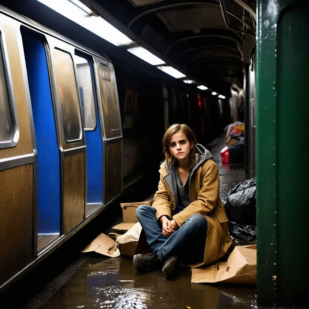 Prompt: London city, subway tube,
,midnight,
raining,
dark alley for homeless,

emma  watson is a homeless girl in the subway hide out alone.
in a cardboard house. 
poor and helpless.