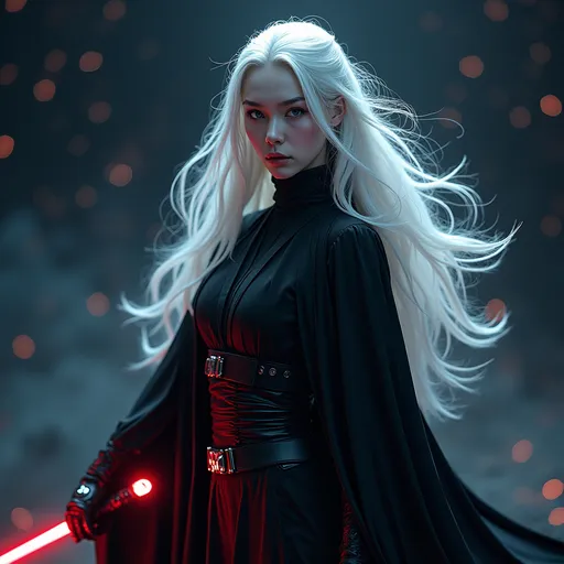 Prompt: (starwars universe),
(jedi), (hyper-realistic beautiful and sensual woman), (very long flowing hair), pale skin, (black high-tech clothes), (space backdrop), (futuristic world), ethereal ambiance, influenced by catholic art, (cinematic lighting), mysterious atmosphere, deep starscape, vibrant cosmic colors, blending tradition with modernity, enchanting presence, inviting gaze, intricate technologies surrounding her, ultra-detailed, HD quality.