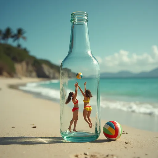 Prompt: **Hyper-Realistic Photograph:** An incredibly detailed, professional photograph of a giant glass bottle, inside has two tiny stunning young women playing volley ball,