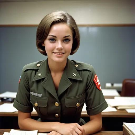 Prompt: 1970,

a heavenly Megan Edwards
Model and actress
,us army uniform,  in a war planning room.
wet short hair, cute ,  innocent , hide smile,
 lithe strong .
high detail 128k full body portrait photo.

