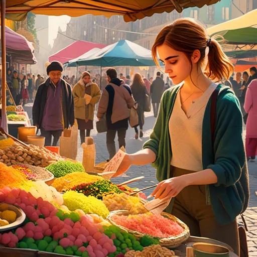 Prompt: <mymodel>(Emma Watson as a street hawker), sunday flea market, vibrant street scene, lively urban ambiance, warm golden sunlight illuminating the surroundings, inviting smells of grilled food, detailed facial expression exuding friendliness, wearing casual street clothing, surrounded by colorful food carts, ultra-detailed, 4K, realistic atmosphere reflecting city life.