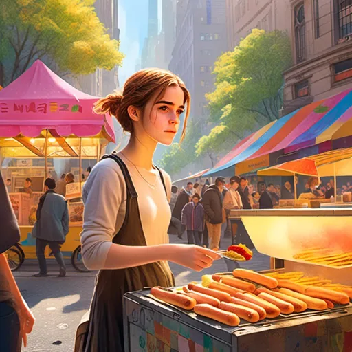 Prompt: <mymodel>(Emma Watson as a street hawker), hot dog stall in bustling New York, vibrant street scene, lively urban ambiance, warm golden sunlight illuminating the surroundings, inviting smells of grilled food, detailed facial expression exuding friendliness, wearing casual street clothing, surrounded by colorful food carts, ultra-detailed, 4K, realistic atmosphere reflecting city life.