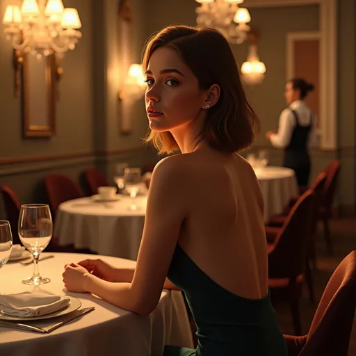 Prompt: (ultra realistic digital art), alone, 20 year old petite Emma watson, wearing (tight evening gown), ((ultra soft petite feminine facial features)), shoulder length random color hair, intently , empty restaurant, no other guest,sitting at a dining table in a restaurant, a waiter in the background, warm and inviting hues, emphasizing the softness of light, creating a cozy ambiance, extraordinary detail, rich textures, atmospheric depth, high-quality image, elaborate backdrop.