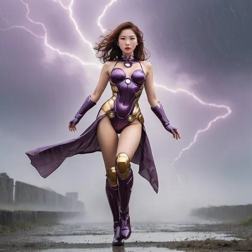 Prompt: year 1950, ironman universe,  normandy war zone, 
20  years old asian korean version goddess aphrodite in purple ironman full body uniform, high heel iron boots, with short brown hair, heavenly beauty,
 detail face, delicate body,  dance in the sky, mist surrounding, mystic atmosphere, raining
