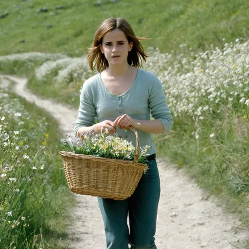 Prompt: 2003, sweden,
valley meadow, spring.
clear sky,

emma watson walking on trail, basket full of flowers.

detail delicate face.
cute, happy atmosphere, peaceful.