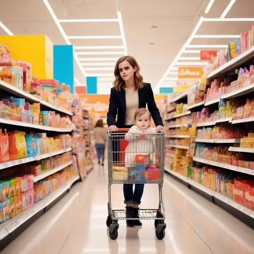 Prompt: (walmart scene), (Emma Watson), pushing a shopping trolley, an adorable baby inside, a playful toddler beside, bright ambient lighting, colorful aisles, friendly atmosphere, cheerful expressions, (ultra-detailed), vibrant colors, modern retail environment, engaged family shopping, large product displays in the background, warm and inviting vibe, HD quality.