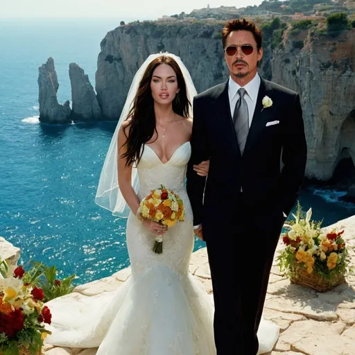 Prompt: 2000,
island, noon, cathedral, Mediterranean sea cliff.

megan fox  is the run away bride in wedding ceremony.
Groom is tony stark.