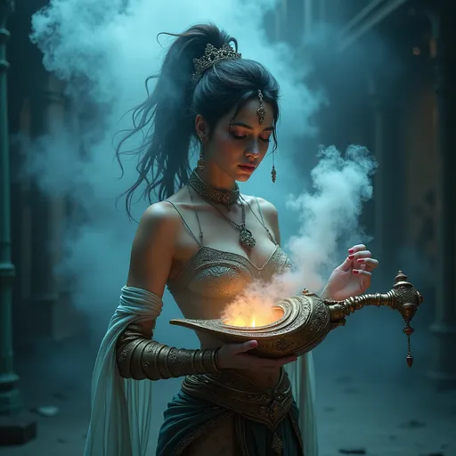 Prompt: (pretty female genie), (steampunk style), ((genie appearing above swirling smoke)), intricate and highly detailed background within a genie lamp, (cool and dark color tones), (military atmosphere), complex metallic elements and gears, rich texture and shading for depth, (ultra-detailed, HD) quality, enchanting and mysterious ambiance, dramatic lighting accentuating the genie and intricate lamp design.