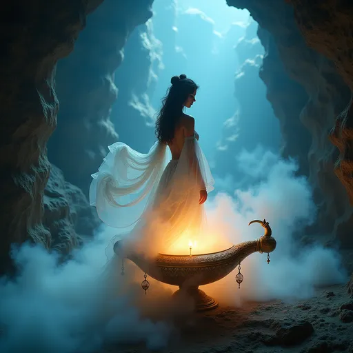 Prompt: (pretty female genie), (steampunk style), ((genie appearing above swirling smoke)), intricate and highly detailed background within a genie lamp, (cool and pastel color tones),  (lamp on a rock inside a cave),
Light filter halo, (ultra-detailed, HD) quality, enchanting and mysterious ambiance, dramatic lighting accentuating the genie and intricate lamp design.