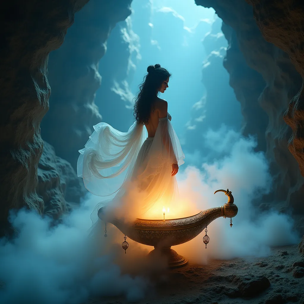 Prompt: (pretty female genie), (steampunk style), ((genie appearing above swirling smoke)), intricate and highly detailed background within a genie lamp, (cool and pastel color tones),  (lamp on a rock inside a cave),
Light filter halo, (ultra-detailed, HD) quality, enchanting and mysterious ambiance, dramatic lighting accentuating the genie and intricate lamp design.