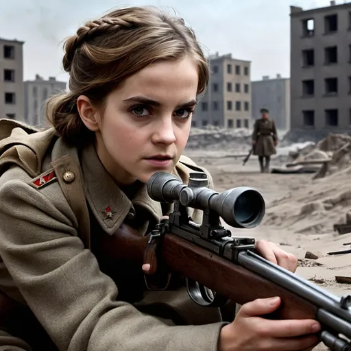 Prompt: 1943.
Stalingrad.
Emma Watson is a Russian female sniper.
intensive glare.
smallish uniform.