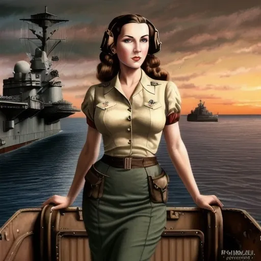 Prompt: 1944 world war 2 steampunk universe.
on the york aircraft carrier deck.
Sunset. digital painting, vivid color,

sharp focus on face. Heavenly beauty.
short sleeves blouse, pencil skirt.

dramatic soft lighting.
