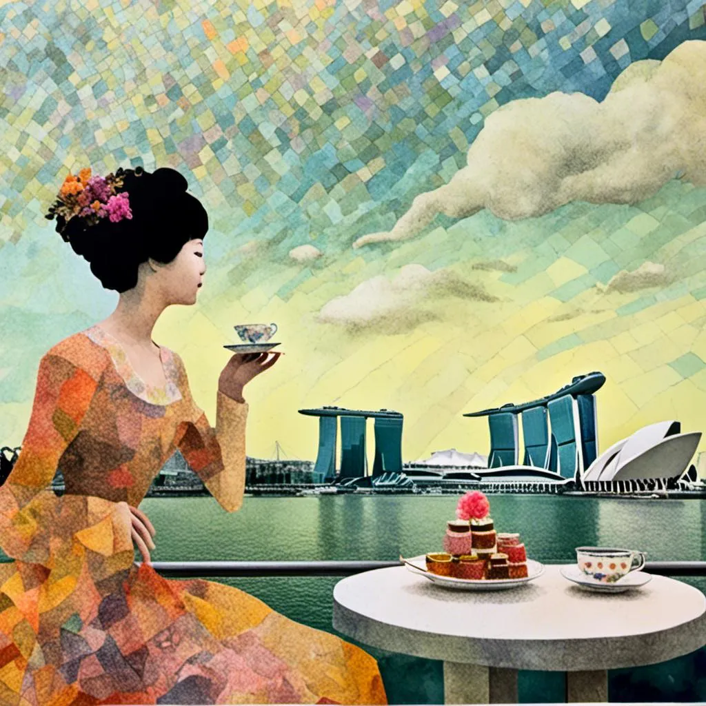 Prompt: <mymodel> 2024,  multimedia collage,
singapore skyline. marina bay.

lady drinking afternoon tea.


mysterious atmosphere.