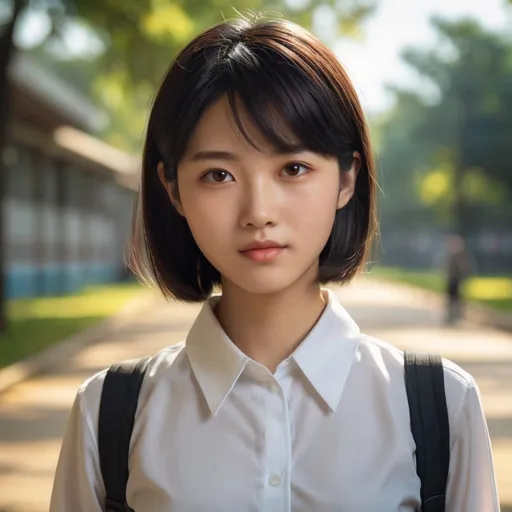 Prompt: 007 movie setting.  in public park. 
(((16 years old  soft heavenly beautiful asian girl as principle in a school hallways ))), boyish hair, small nose, small delicate lips, white blouse, black pensil tight skirt, short dark hair, flush cheeks, grossy lips.

warm smile, bright eyes, in love, happy.


 high quality, soft expression, dynamic lighting,   digital illustration, vibrant colors, 
, in love, perfect anatomy, highly detailed,((photorealistic)), ((hyperrealistic))

 (((full body))) 

128k resolution. 

 Zeiss Sonnar F 150mm f/2.8
 in the style of Paul Barson

