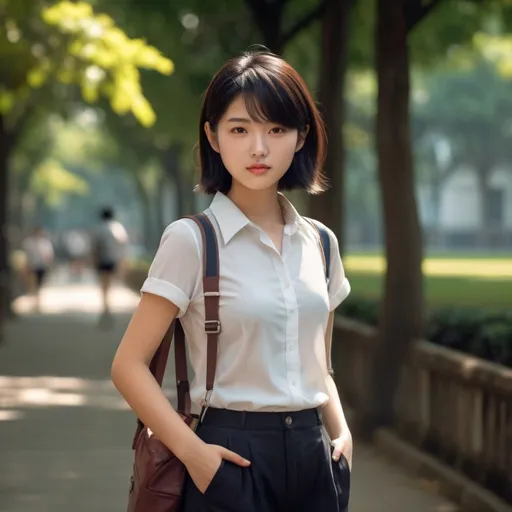 Prompt: 007 movie setting.  in public park. 
(((16 years old  soft heavenly beautiful asian girl as principle in a school hallways ))), boyish hair, small nose, small delicate lips, white blouse, black pensil tight short pants, short dark hair, flush cheeks, grossy lips.

warm smile, bright eyes, in love, happy.


 high quality, soft expression, dynamic lighting,   digital illustration, vibrant colors, 
, in love, perfect anatomy, highly detailed,((photorealistic)), ((hyperrealistic))

 (((full body))) 

128k resolution. 

 Zeiss Sonnar F 150mm f/2.8
 in the style of Paul Barson

