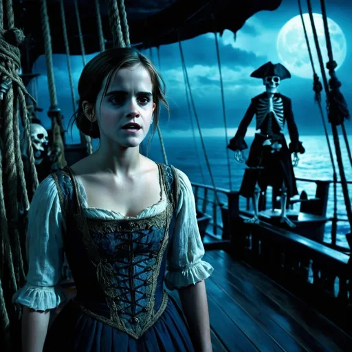 Prompt: (vampire movie scene), (actress emma watson), show her fangs,  standing on the deck 10th-century pirate ship, surrounded by eerie skeletons, dramatic moonlight illumination, cool blue tones, high-quality HD, gothic atmosphere, intense expressions, intricate ship details, ominous ocean backdrop, hauntingly beautiful ambiance, capturing the essence of dark adventure.