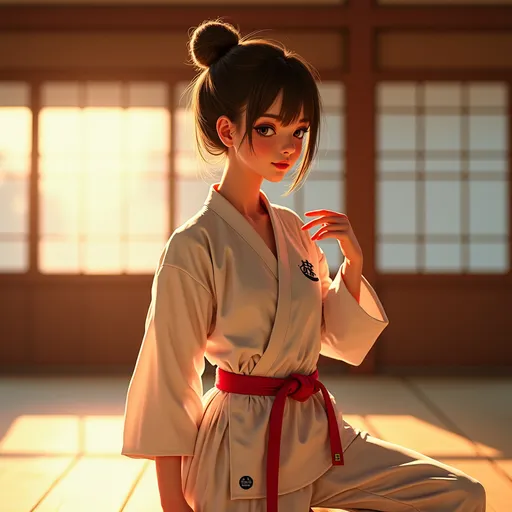 Prompt: (beautiful Japanese girl), (sports clothes), dojo setting,  Karata dance, soft lighting, warm tones, comfortable atmosphere, serene ambiance, focus on elegance and grace, high detail, ultra-detailed, cozy vibe, gentle colors,  classy composition, artistic and tasteful portrayal, alluring expression.