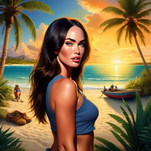 Prompt: (vivid depiction of Megan Fox as a worker), (Bahamas scenery), vibrant colors, sun-soaked atmosphere, scenic palm trees, blue ocean backdrop, dynamic work setting, high-resolution detail, bright and cheerful mood, golden hour lighting, captivating and engaging portrayal, emphasizing beauty and professionalism, warm and inviting environment, ultra-detailed imagery, representing hard work in paradise.