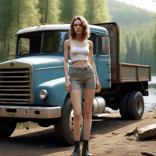 Prompt:  keiry knightley masterpiece, best quality, a  tired and dirty  car model girl standing beside a mack truck in forest next to a lake, high quality, unreal engine 4k. short flowing hair ties in bund.  full body photo.  warm smiles.   Pastel color tones.  , Picasso style,