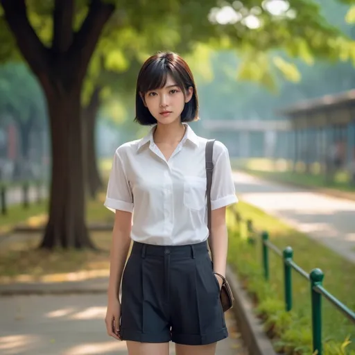 Prompt: 007 movie setting.  in public park. 
(((16 years old  soft heavenly beautiful asian girl as principle in a school hallways ))), boyish hair, small nose, small delicate lips, white blouse, black pensil tight short pants, short dark hair, flush cheeks, grossy lips.

warm smile, bright eyes, in love, happy.


 high quality, soft expression, dynamic lighting,   digital illustration, vibrant colors, 
, in love, perfect anatomy, highly detailed,((photorealistic)), ((hyperrealistic))

 (((full body))) 

128k resolution. 

 Zeiss Sonnar F 150mm f/2.8
 in the style of Paul Barson

