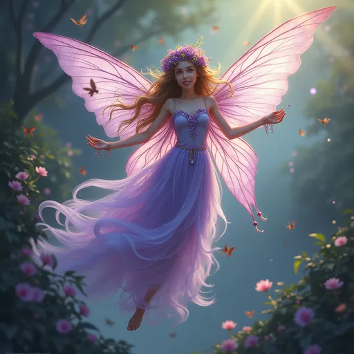 Prompt: ) flowing elegantly, The overall scene evokes a sense of holy wonder, captured in (ultra-detailed) quality, with vibrant colors and stunning lighting effects..

(Lilac flower fairy), (intricate details), (Brian Froud style), ethereal beauty, dynamic pose, whimsical elements, intricate wings on back, soft mystical lighting, enchanting ambiance, high-quality illustration, expressive eyes, adorned with leafy accessories, delicate features, a world of fantasy, magical atmosphere