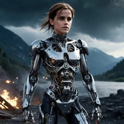 Prompt: 2300, terminator movie,
europe, germany, riverside. mountain background.

emma watson is a (android battle angel), lower body has 6 limbs,
elegant gears intertwined, clockwork clothing and shoes, ethereal glow, wisps of steam, serene expression, halo of delicate cogs, set against a dark atmospheric background, faint glimmering lights illuminating, mystical, enchanting, highly detailed, fantasy art style, invoking a sense of wonder, 4K, ultra-detailed.