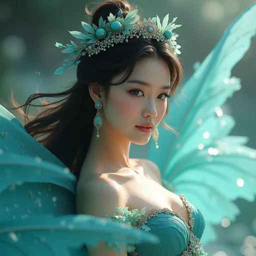 Prompt: beautiful asian, The fairy princess of turquoise.  in stunning digital photography, by Mark Arian, beautiful fantasy art, breathtaking fantasy photography, romanticism photograph style, portrait of goddess. Ultra-detailed.