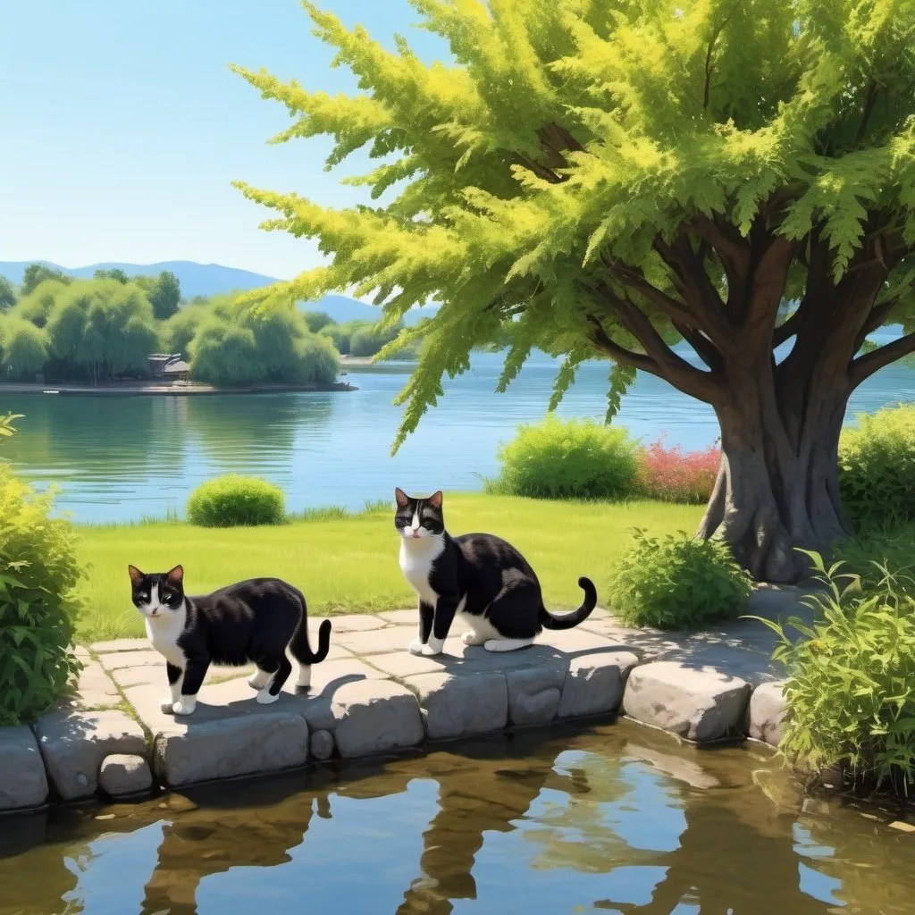 Prompt:   cats playing under a bush. distance house and lake.  nagomi art effects