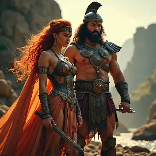 Prompt: (Roman Goddess), (Hora with vibrant green hair), standing gracefully and powerfully, beside the God of War (Conan the Barbarian), dynamic hero pose, rich detailed armor and flowing drapery, awe-inspiring expressions, lush mythical landscape, enchanting light illuminating figures, dramatic atmosphere, strong contrasts, legendary and epic vibe, HD quality, cinematic masterpiece.