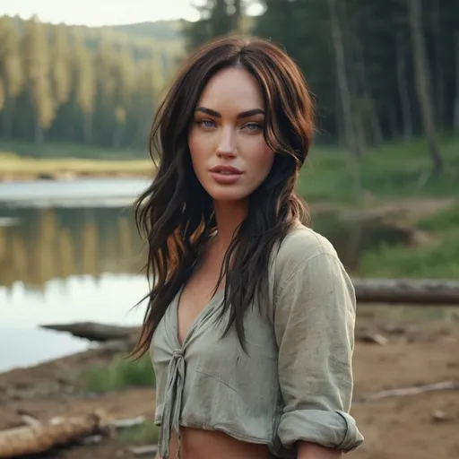 Prompt: masterpiece, best quality, a  tired and dirty megan fox farm girl  in forest next to a lake, high quality, unreal engine 4k. short flowing hair ties in bund.  full body photo.  warm smiles.   Pastel color tones.  , Picasso style,