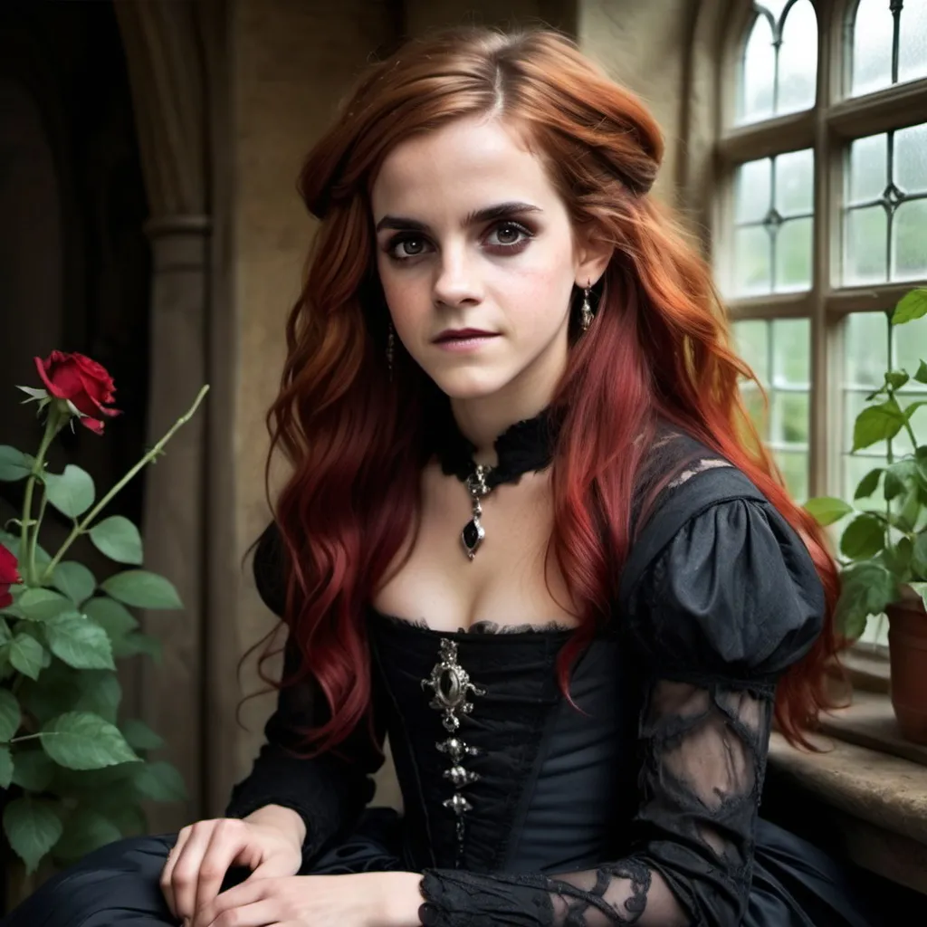 Prompt: (Emma Watson character)
young stunningly gorgeous rag queen witch, deep gray eyes, deep look, very long red hair, light contrast, baroque intricate portrait, young drag queen witch sitting in her garden house. Rosy cheek, Bright sunny slight smile.