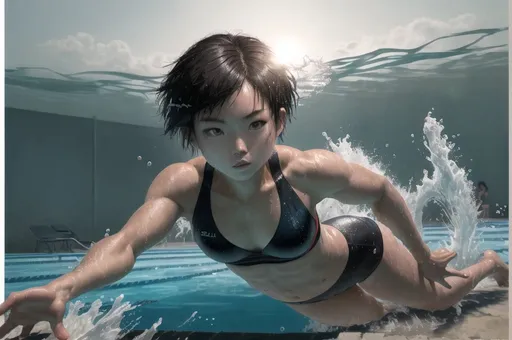 Prompt: diving into pool, head first,  25-year-old sporty chinese woman, dark short  hair,  sun burned, beach, oily,  fit , lithe, tidy hair,  detail body, full body view, l, dramatic lighting,, swim suite, professional, highres, dramatic lighting, dramatic shadows, detailed eyes, oil painting, front view