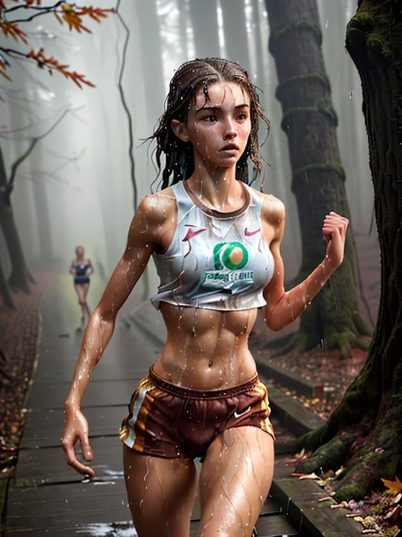 Prompt: lithe strong 17 years old atheltic girl running on trail,  feminine great beauty and very beautiful physical features,  wet revealing clothes, raining,  just behind her oak surrounded by a thick autumnal forest ,  shy and vulnerable,  detail body, detail trail, photographic realistic side view