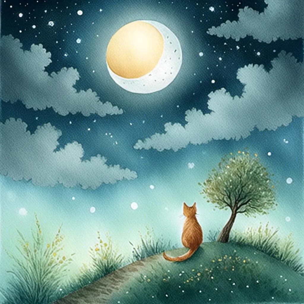 Prompt: <mymodel>  cat sitting on the crescent moon in the night sky, windy, moon light stream