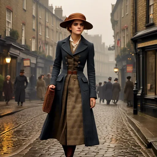 Prompt: <mymodel> 
(Emma Watson as a village nanny), full of awe and wonder, exploring bustling 1913 London City, vintage clothing with a rustic flair, vibrant street scenes bustling with people, foggy atmosphere, historical architecture in the background, warm tones reflecting the excitement of her adventure, (photorealistic), ultra-detailed, rich in historical context and emotional ambiance.