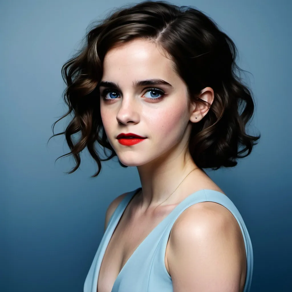 Prompt: An elegant and beautiful emma watson.  curly black hair, pale skin and blue eyes, red lips