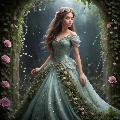 Prompt: a princess with layered dress, magical, realistic , fantasy with dramatic vines and flowers with magical dust.