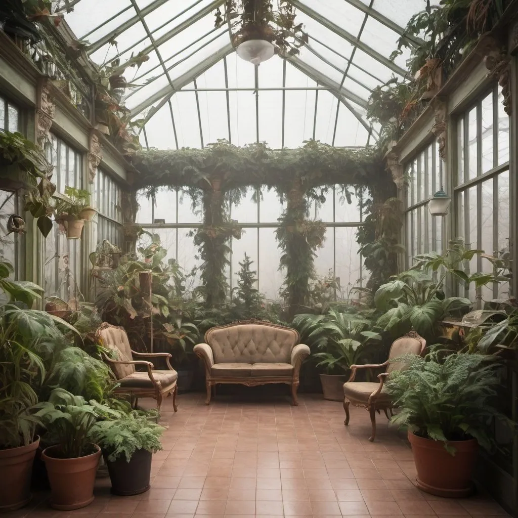 Prompt: interior winter garden vintage with smog
