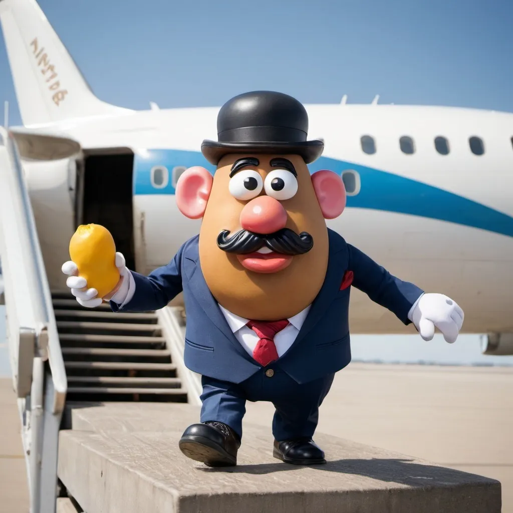 Prompt: Mr potato head in a suit with a hat walking down the stairs outside of an airplane