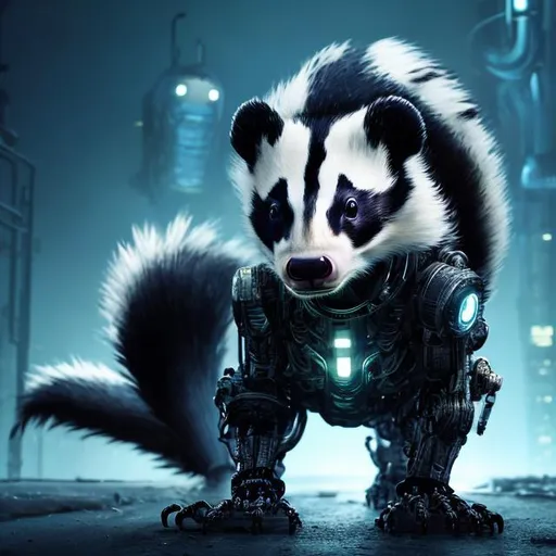 Prompt: Whole cyborg skunk against blank background, robotic tail curling up, all feet visible, 4k resolution, realistic, futuristic, metallic textures, detailed robotic parts, intense and focused gaze, glowing cybernetic implants, high-tech enhancements, cool tones, professional lighting