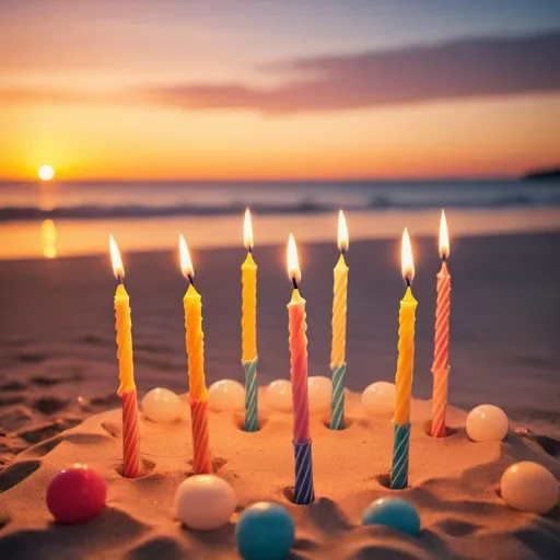 Prompt: sunset by the beach with birthday candles. Clean image, with soft lines and professional look. For background image on instagram announcement post. More focus on the beach and sea, rather than the candles.