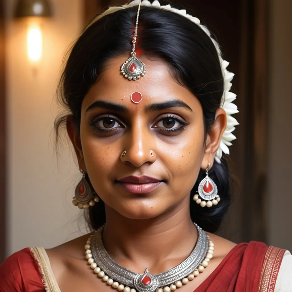 Prompt: Create  A Photorealstic image of a mature Bengali girl with big Bindi on her forehead, make the breast bigger Than regular. dress should be indian red and white sari most part should be white. 